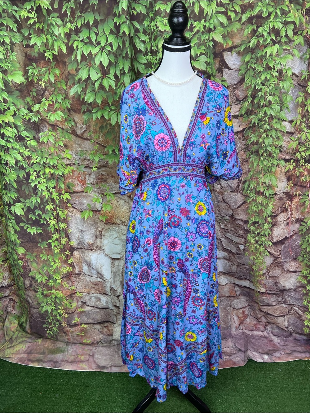 FABRIK Blue Bohemian Floral Tasseled Maxi Dress with Kimono Sleeves, S - Picture 12 of 13